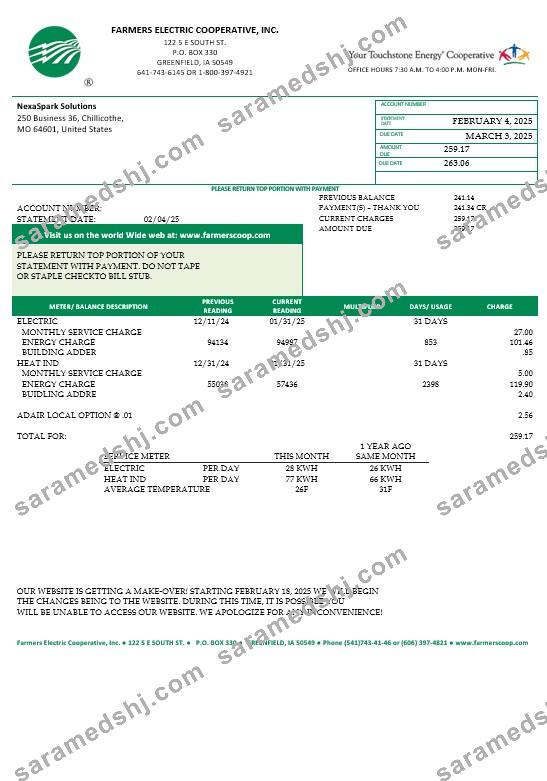 USA Ohio Farmers Electric Cooperative business utility bill template in Word and PDF formats, version 2